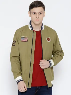 Men Khaki Solid Bomber Jacket