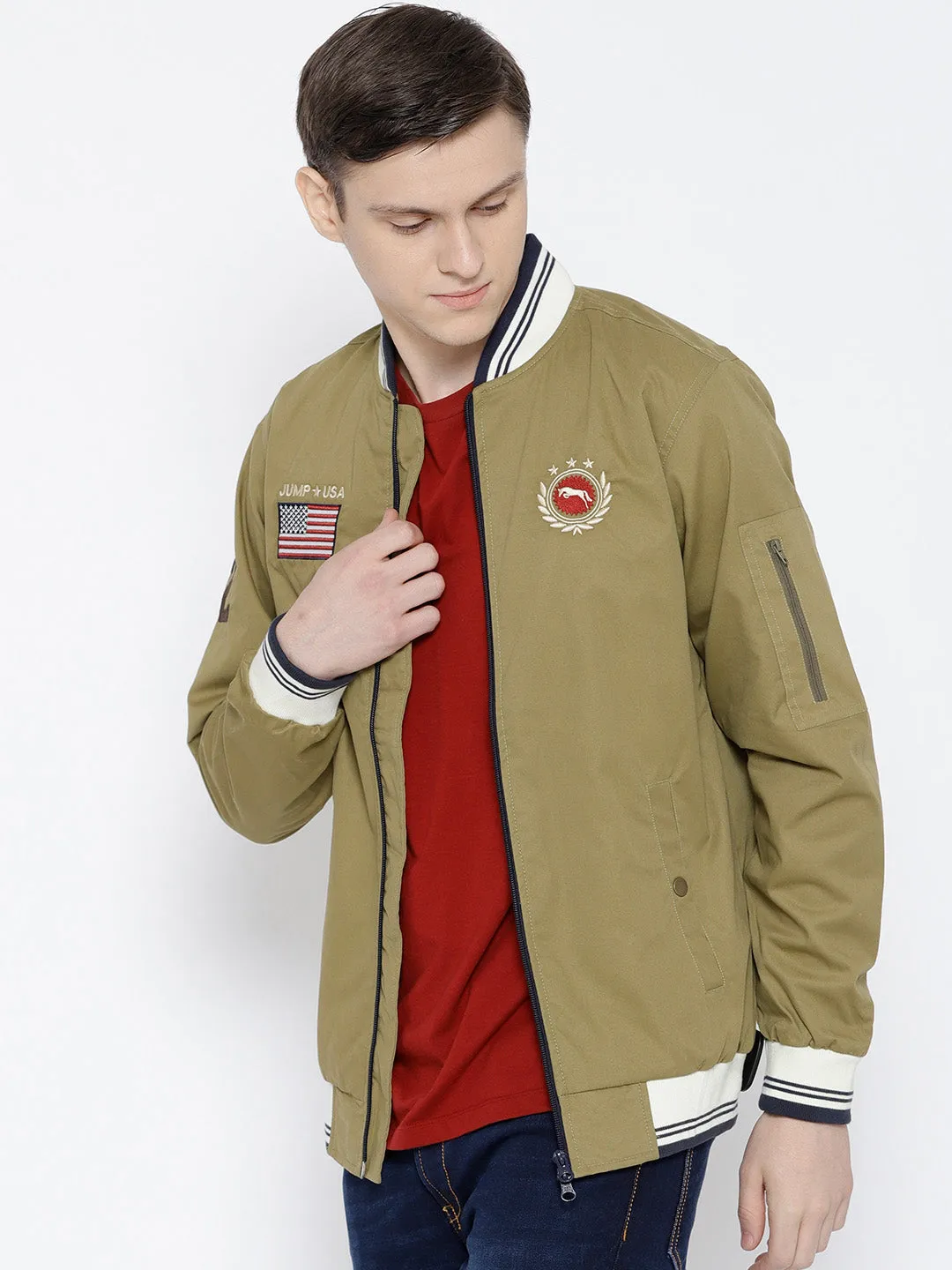 Men Khaki Solid Bomber Jacket