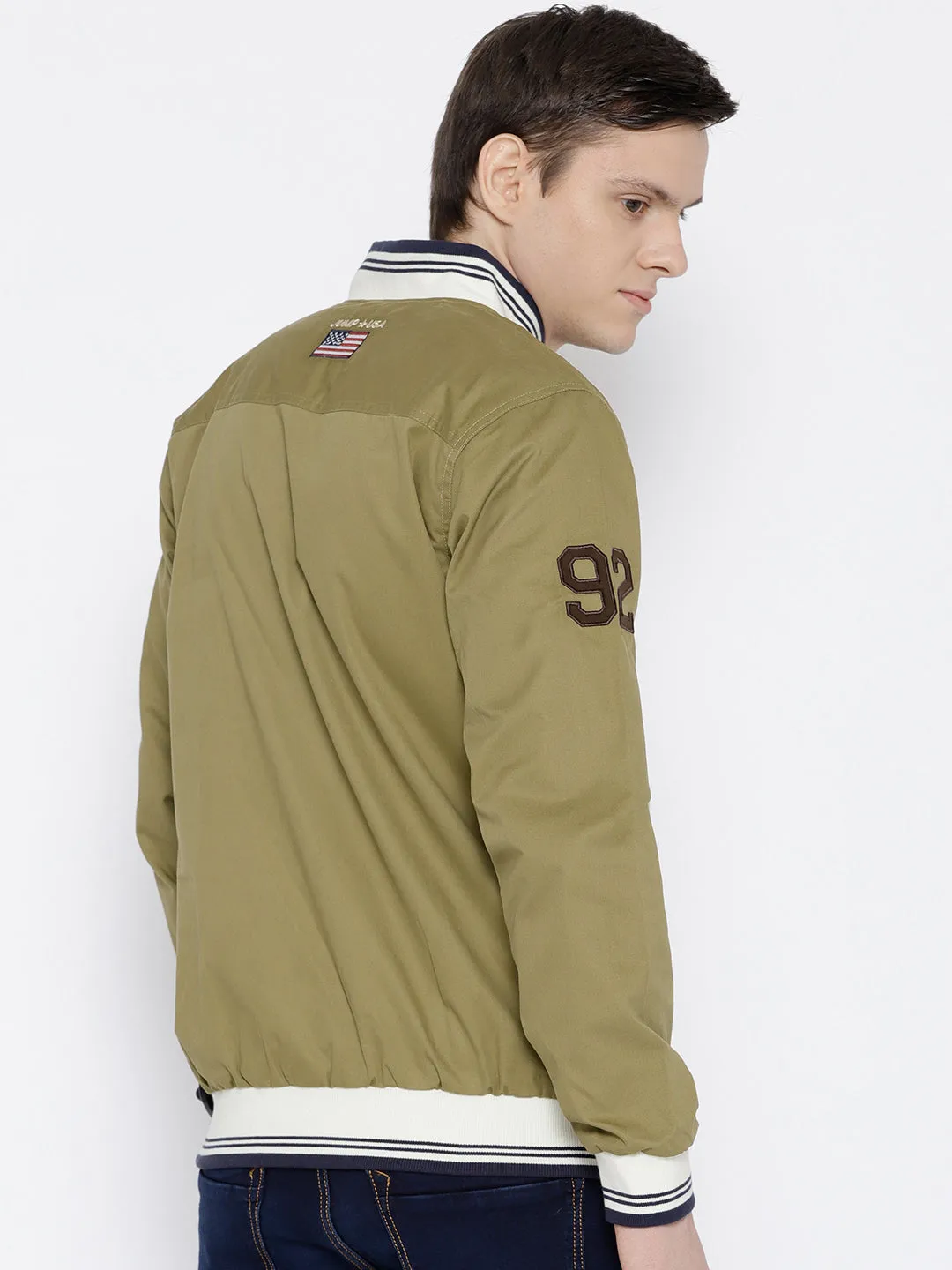 Men Khaki Solid Bomber Jacket