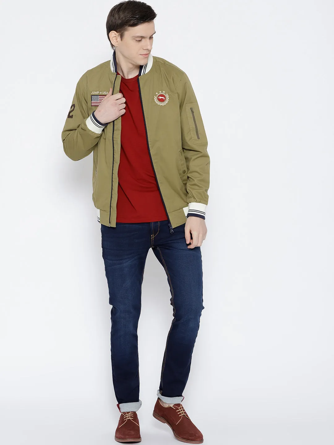 Men Khaki Solid Bomber Jacket