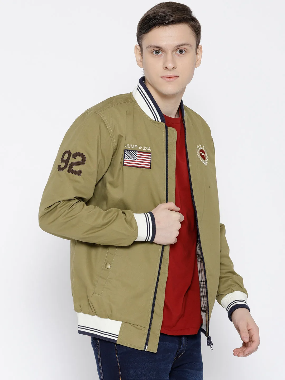 Men Khaki Solid Bomber Jacket