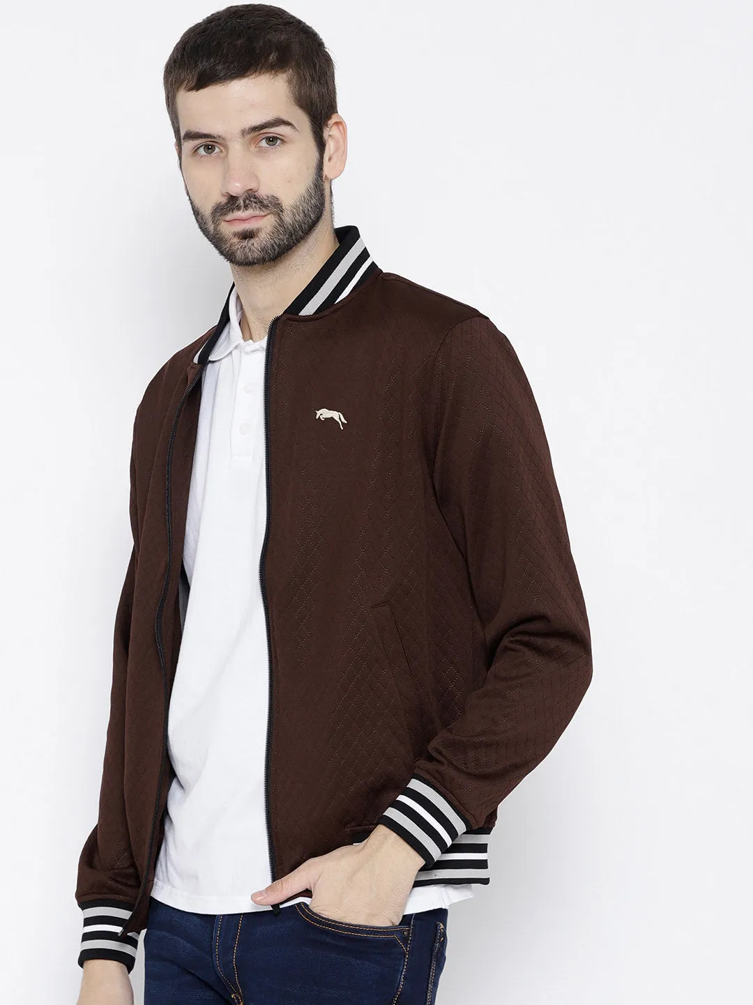 Men Maroon self Design Jacket