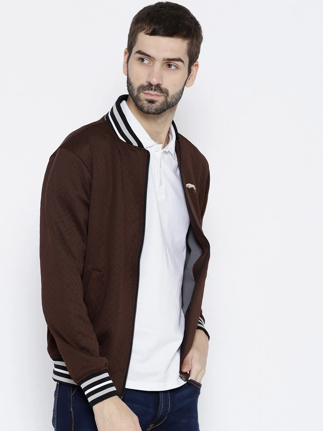 Men Maroon self Design Jacket