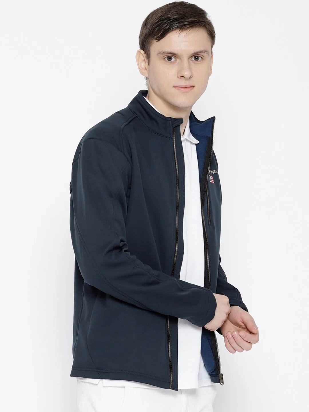 Men Navy Blue Solid Jacket