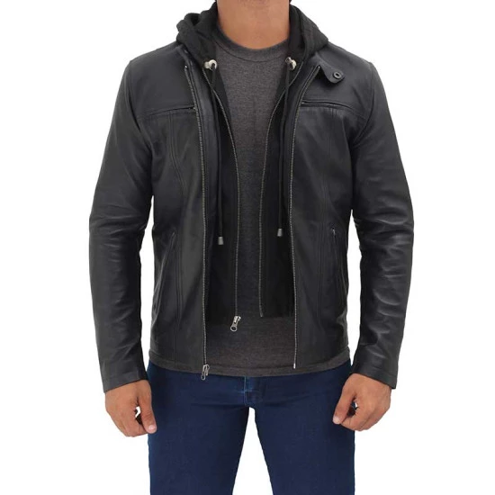 Men's Black Cafe Racer Leather Jacket with Removable Hood