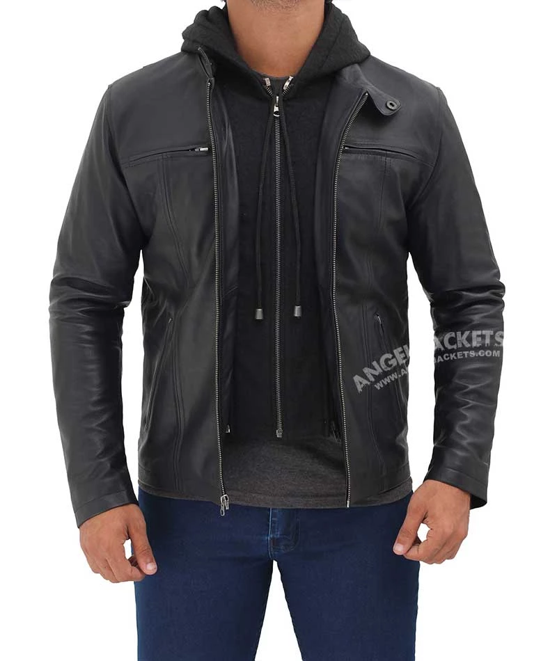 Men's Black Cafe Racer Leather Jacket with Removable Hood