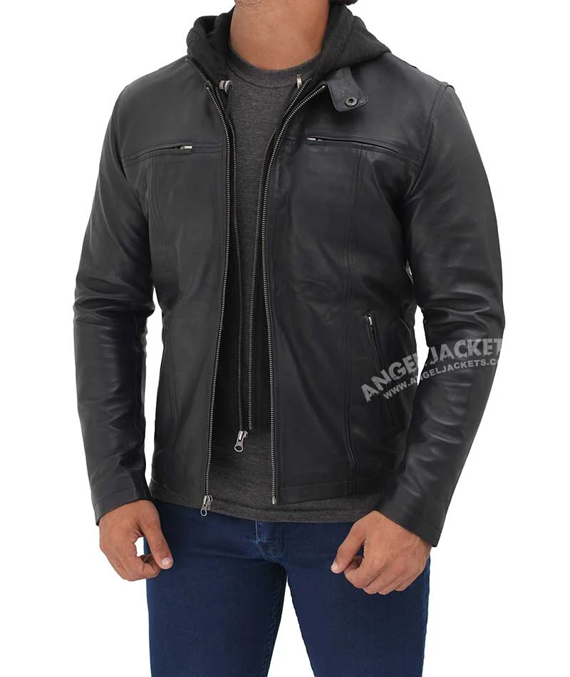 Men's Black Cafe Racer Leather Jacket with Removable Hood