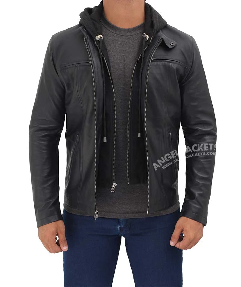 Men's Black Cafe Racer Leather Jacket with Removable Hood