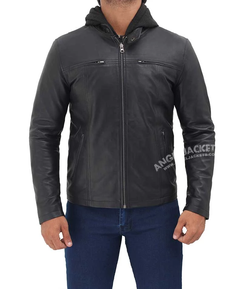 Men's Black Cafe Racer Leather Jacket with Removable Hood