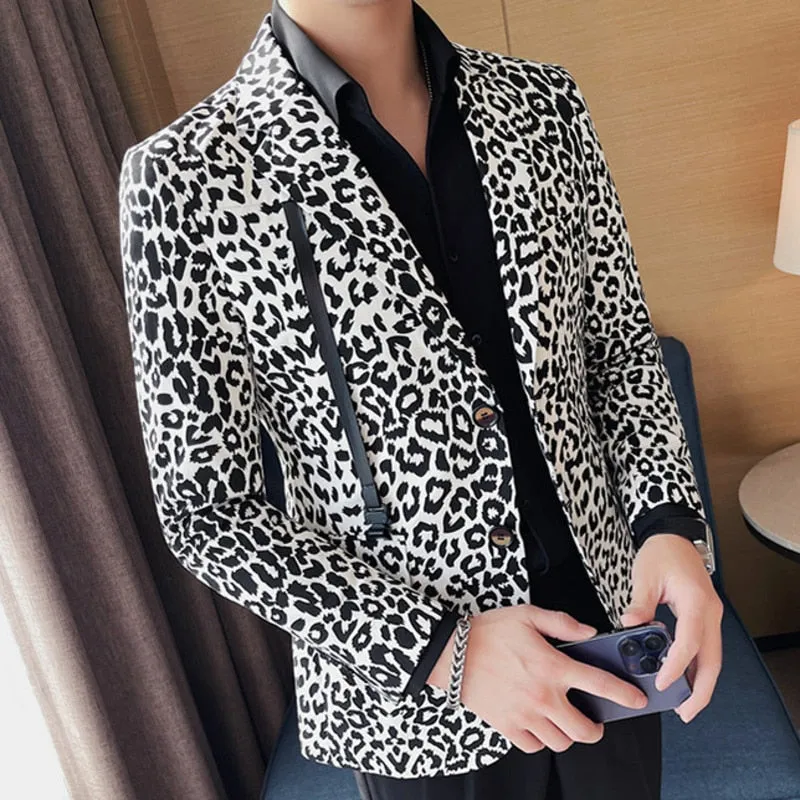 Men's Casual Vintage Style Leopard Pattern British Suit Blazer Jacket