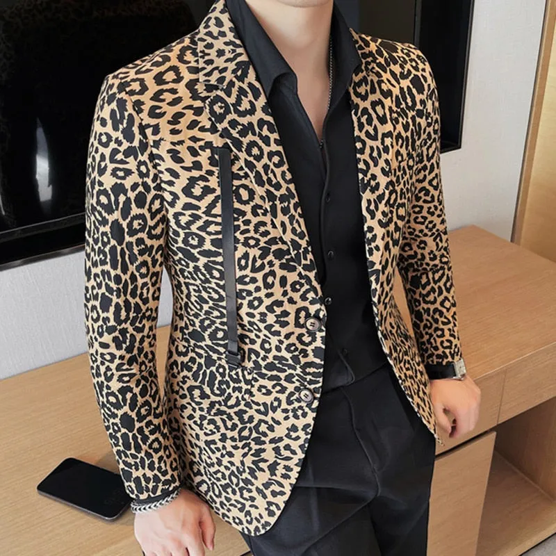 Men's Casual Vintage Style Leopard Pattern British Suit Blazer Jacket