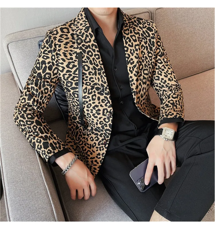 Men's Casual Vintage Style Leopard Pattern British Suit Blazer Jacket