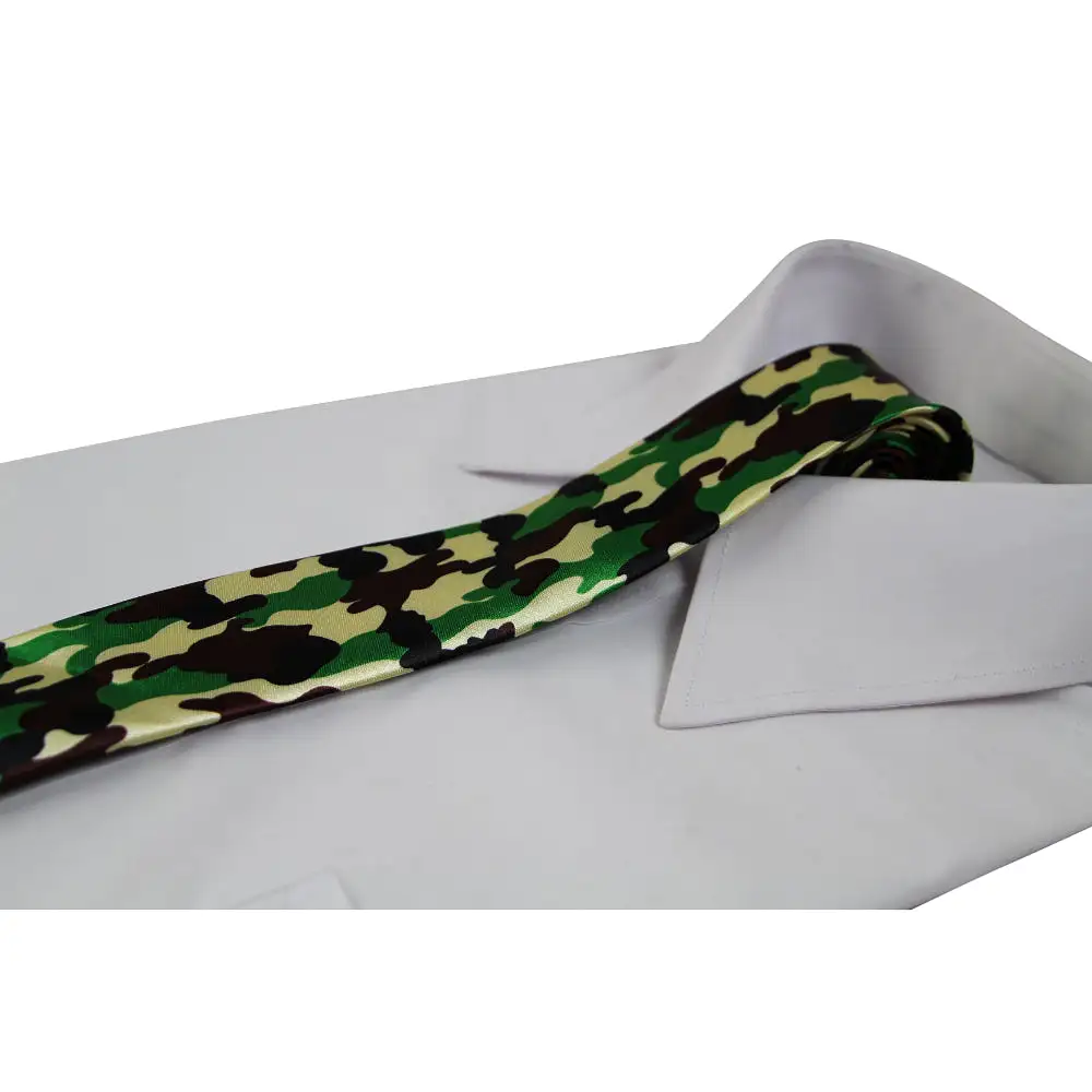 Mens Green & Brown Camo Print 5cm Skinny Neck Tie