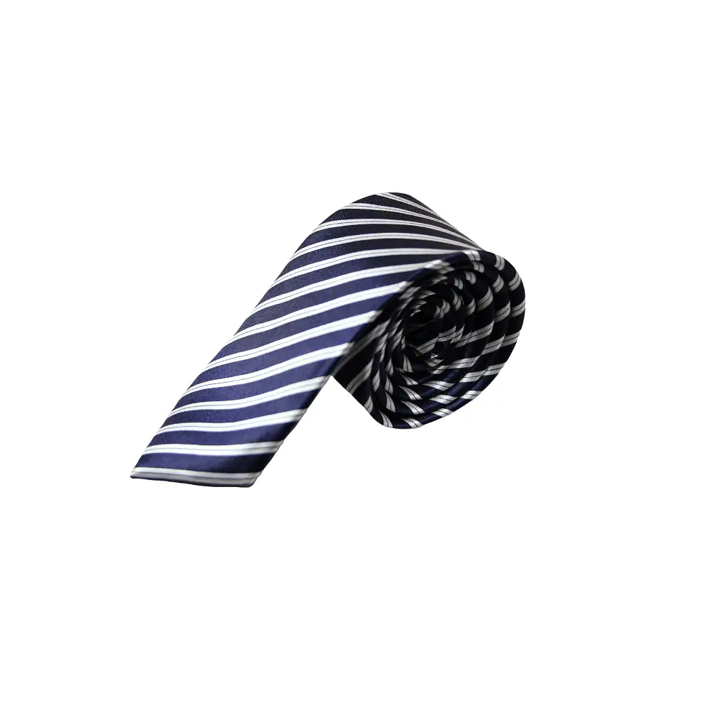 Mens Navy, White & Black Striped 5cm Skinny Neck Tie