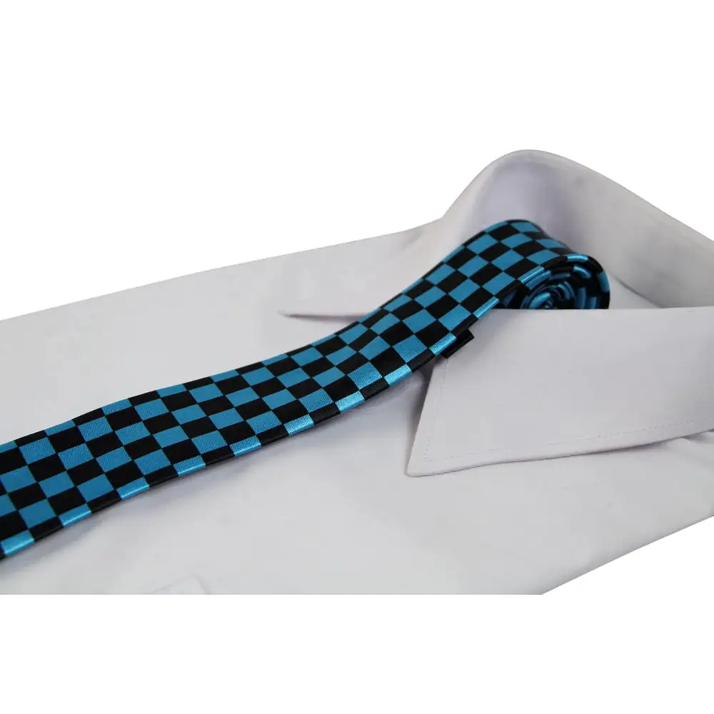 Mens Ocean Blue & Black Checkered 5cm Skinny Neck Tie