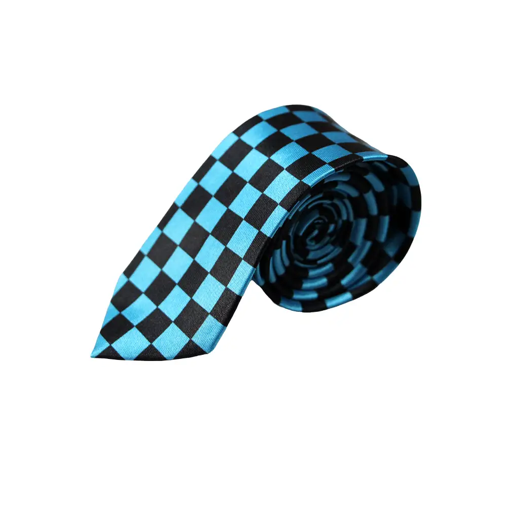 Mens Ocean Blue & Black Checkered 5cm Skinny Neck Tie