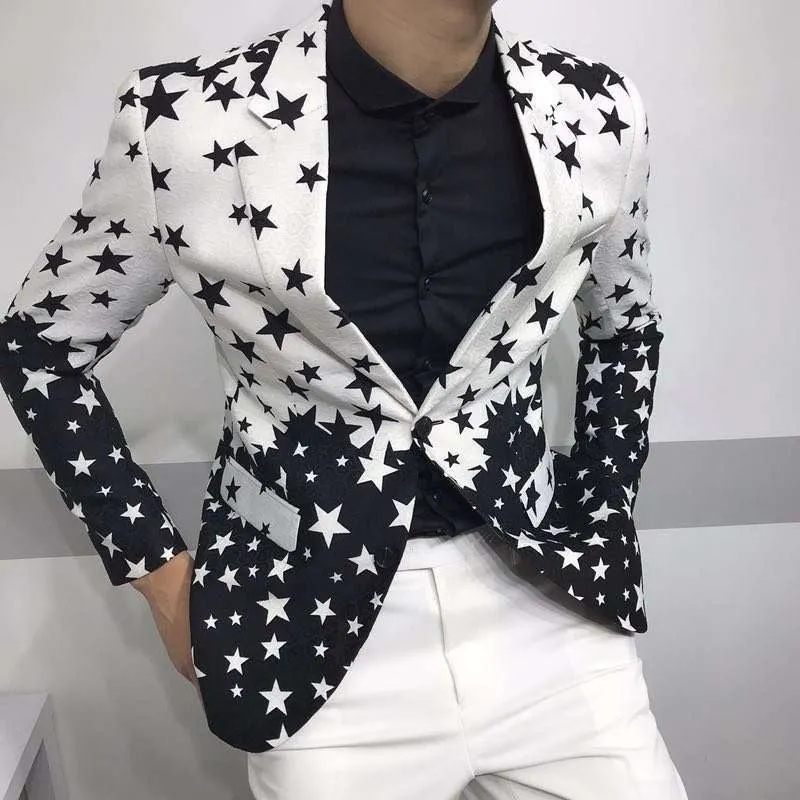 Men's Polyester Star Printed Pattern Slim Fit Formal Wedding Blazer