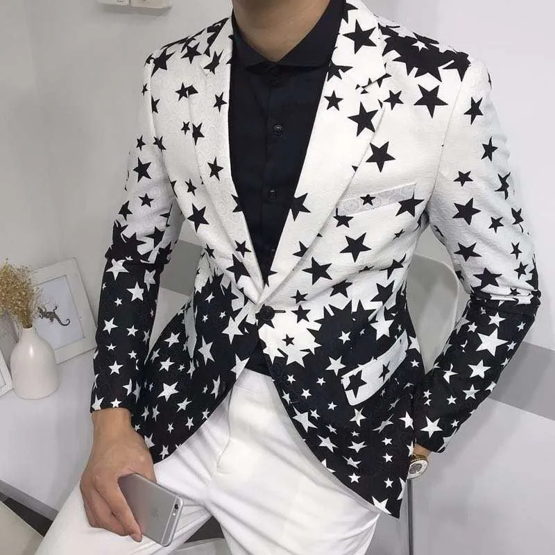 Men's Polyester Star Printed Pattern Slim Fit Formal Wedding Blazer