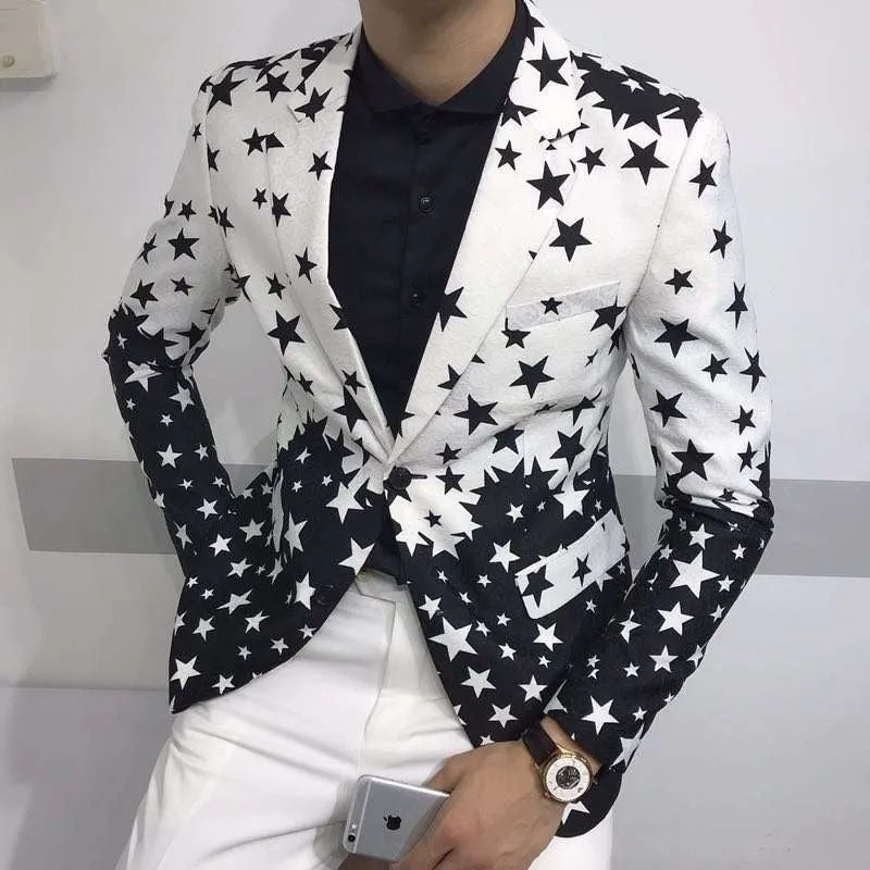 Men's Polyester Star Printed Pattern Slim Fit Formal Wedding Blazer