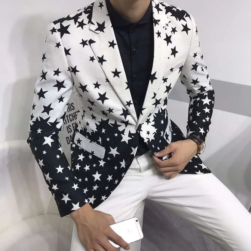 Men's Polyester Star Printed Pattern Slim Fit Formal Wedding Blazer