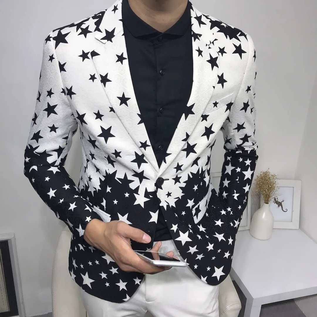 Men's Polyester Star Printed Pattern Slim Fit Formal Wedding Blazer