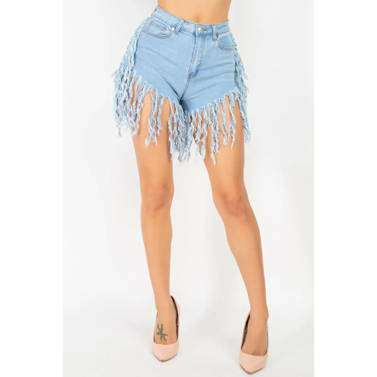 Mid-rise Fringe Hem Denim Shorts