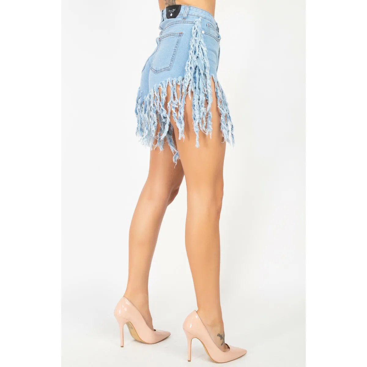 Mid-rise Fringe Hem Denim Shorts