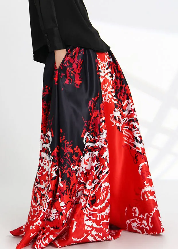 New Red Print Pockets High Waist Silk Skirts Spring AS1051