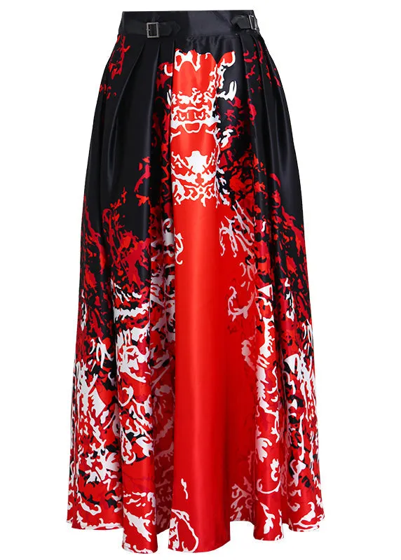 New Red Print Pockets High Waist Silk Skirts Spring AS1051