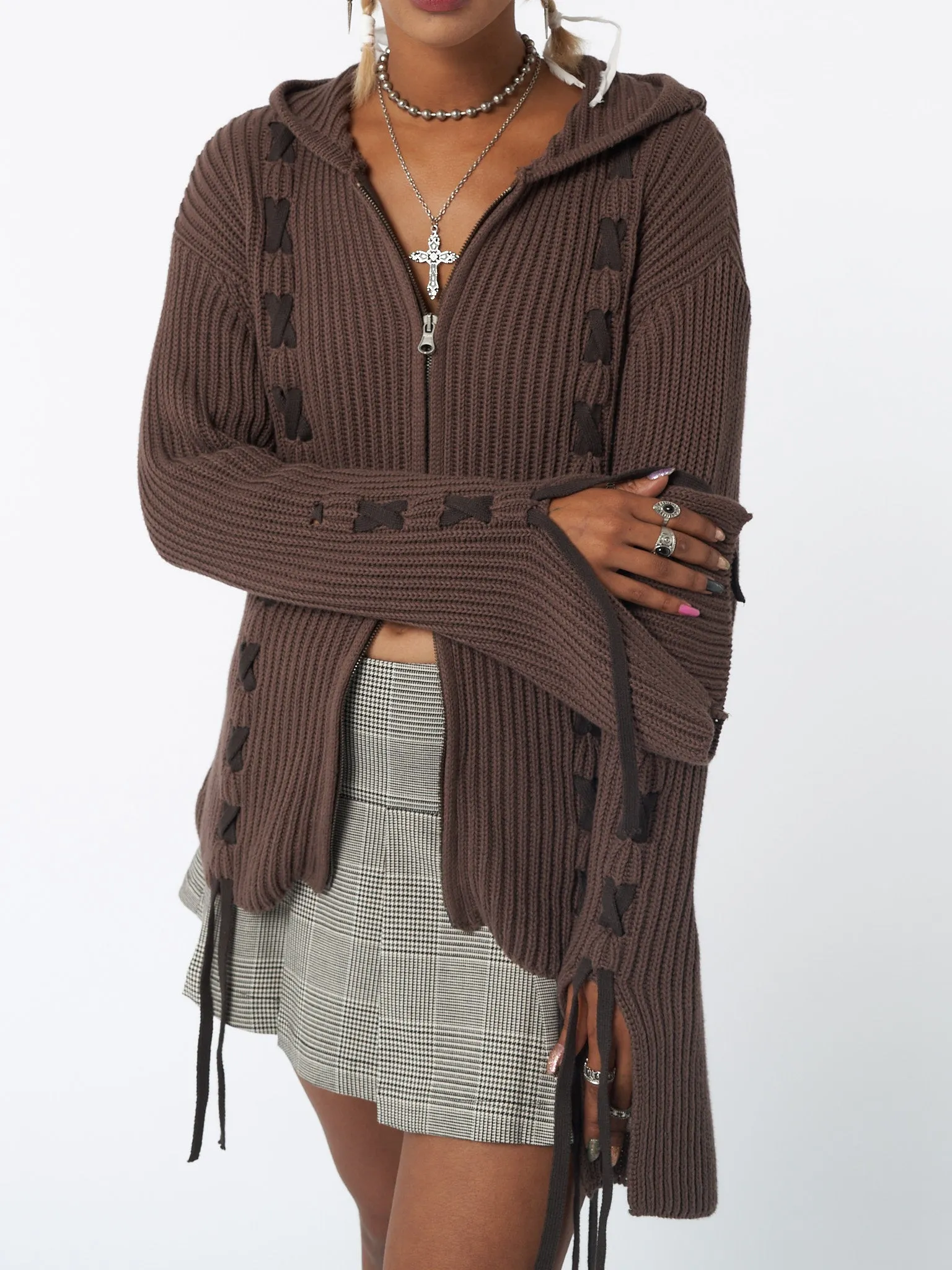 Nixie Brown Lace Up Cardigan