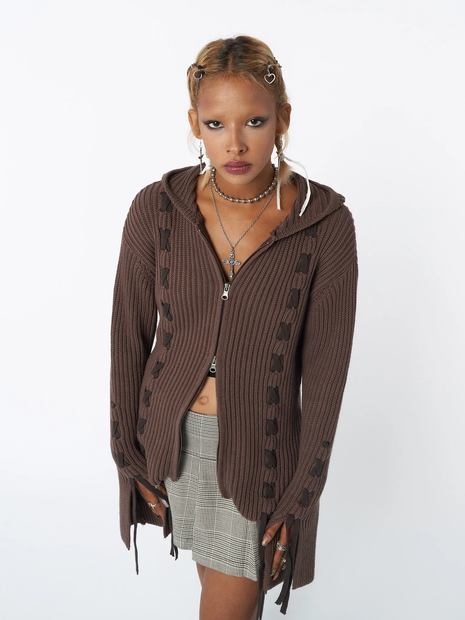 Nixie Brown Lace Up Cardigan