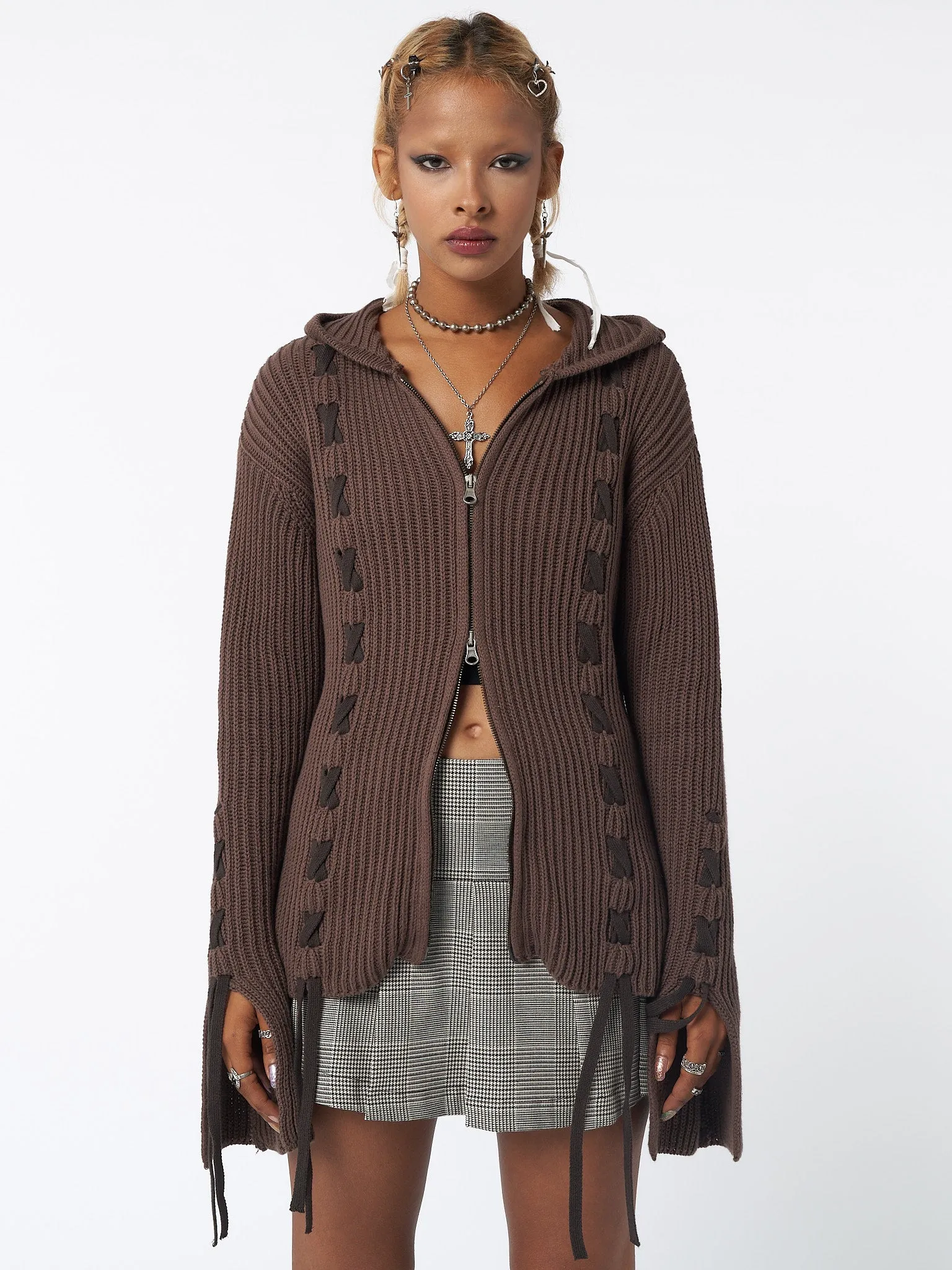 Nixie Brown Lace Up Cardigan