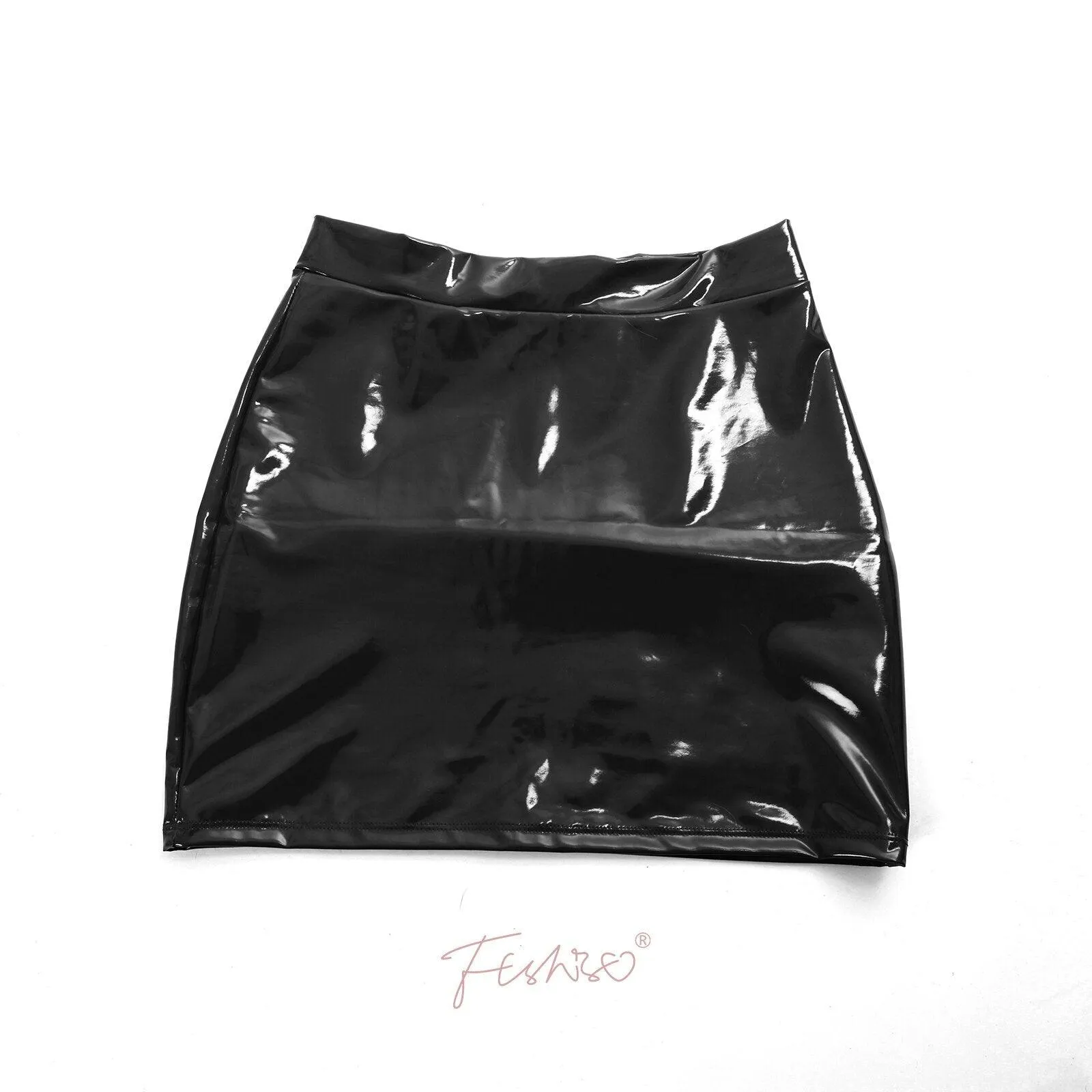 Patent Leather Tight Hip Elastic Metallic Solid Color A-Line Skirt