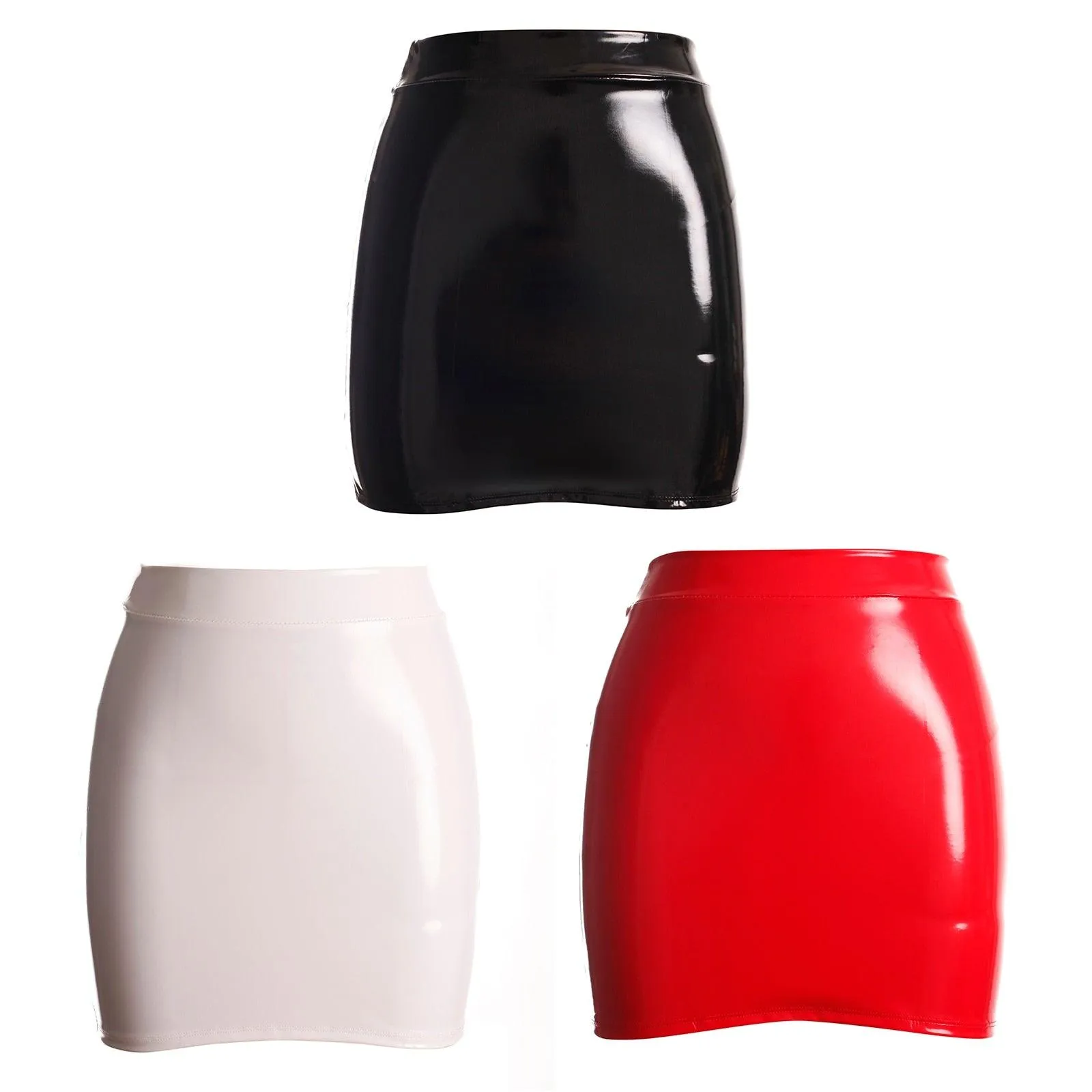 Patent Leather Tight Hip Elastic Metallic Solid Color A-Line Skirt