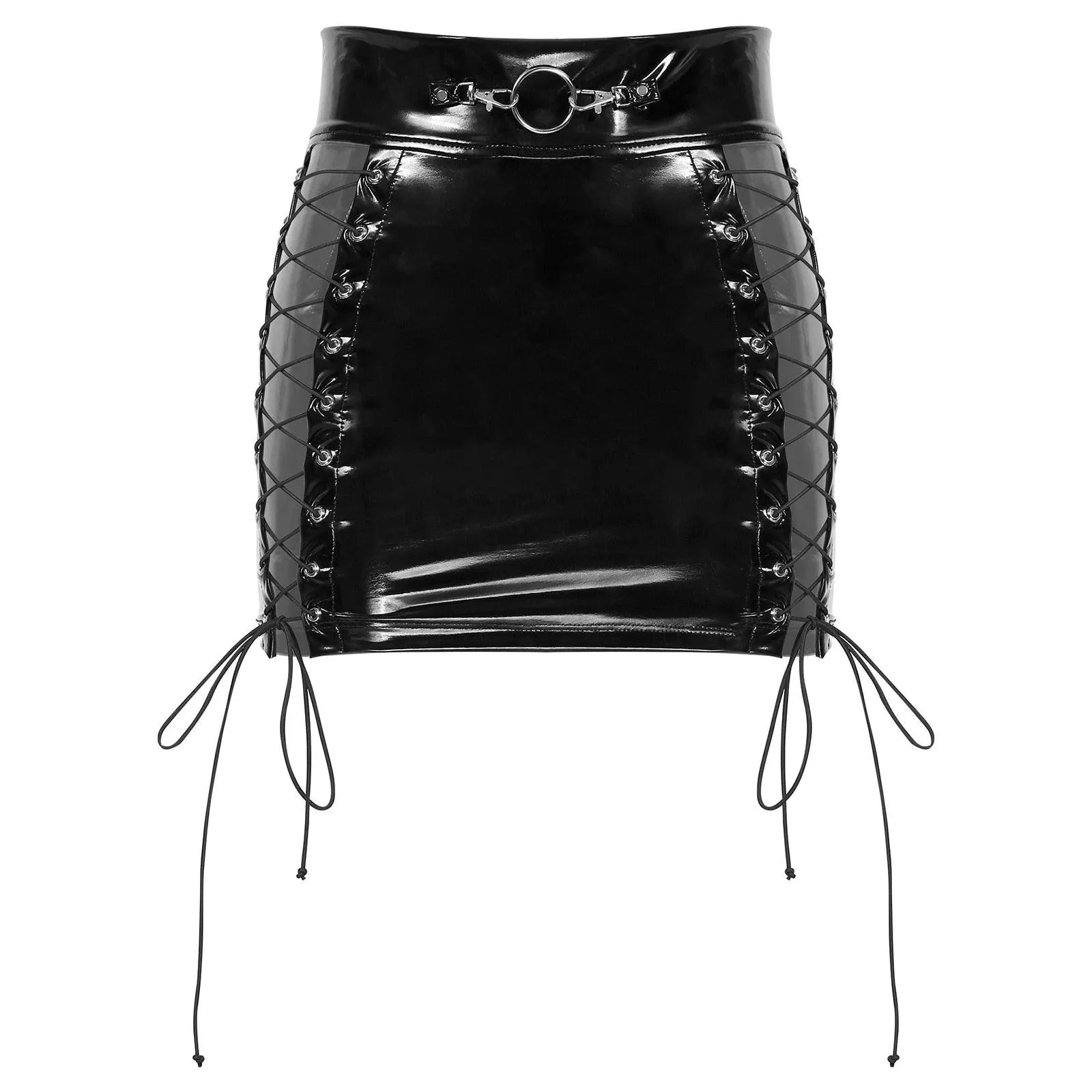 PVC Leather High Waist Zipper Back Lace-Up Mini Pencil Skirt