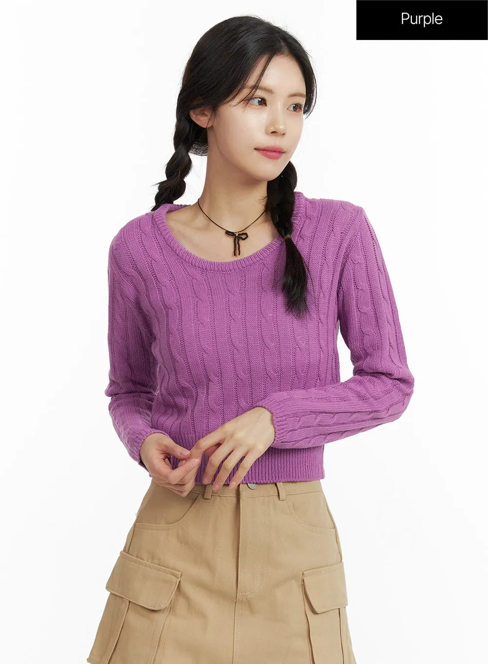 Round Neck Crop Cable Sweater OF408