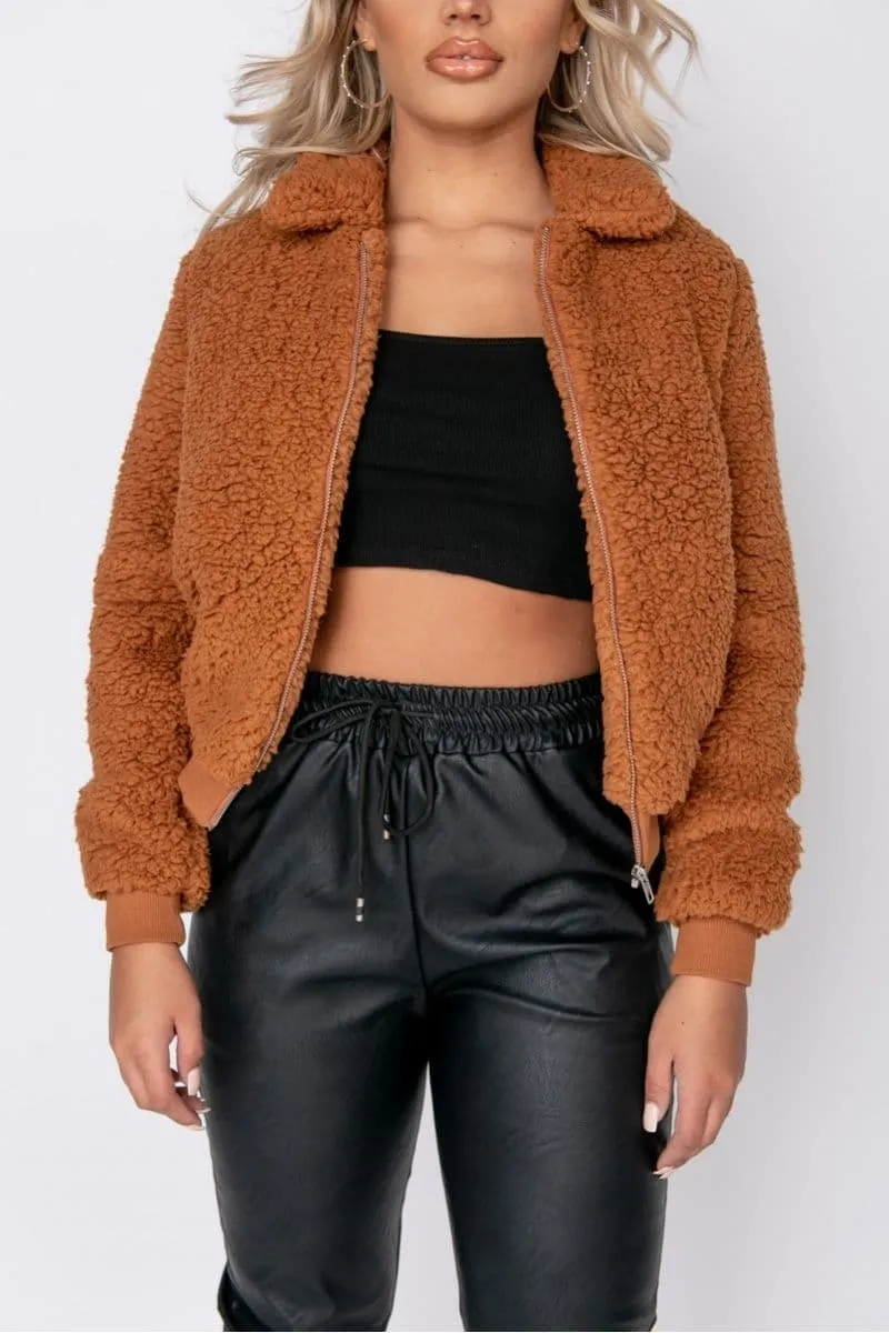 Rust Borg Fur Zip Front Bomber Jacket