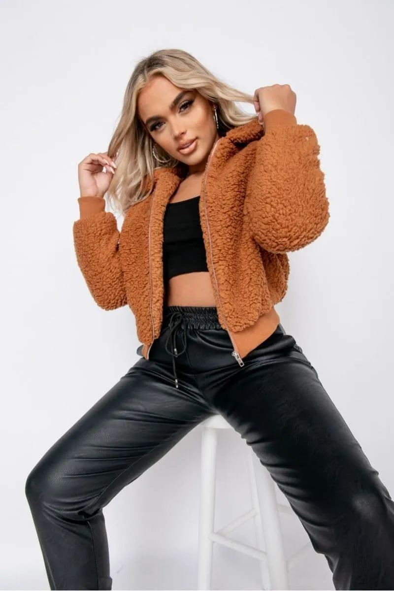 Rust Borg Fur Zip Front Bomber Jacket