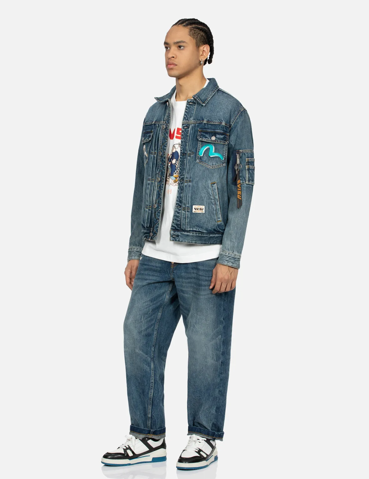 Seagull Embroidery Godhead Print Relax Fit Denim Jacket