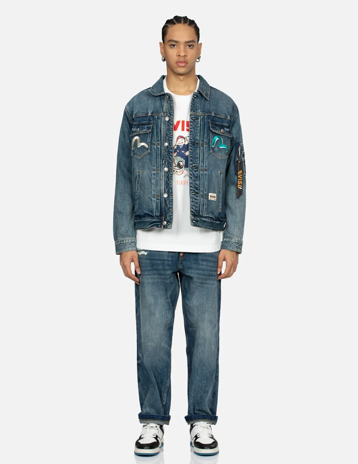 Seagull Embroidery Godhead Print Relax Fit Denim Jacket