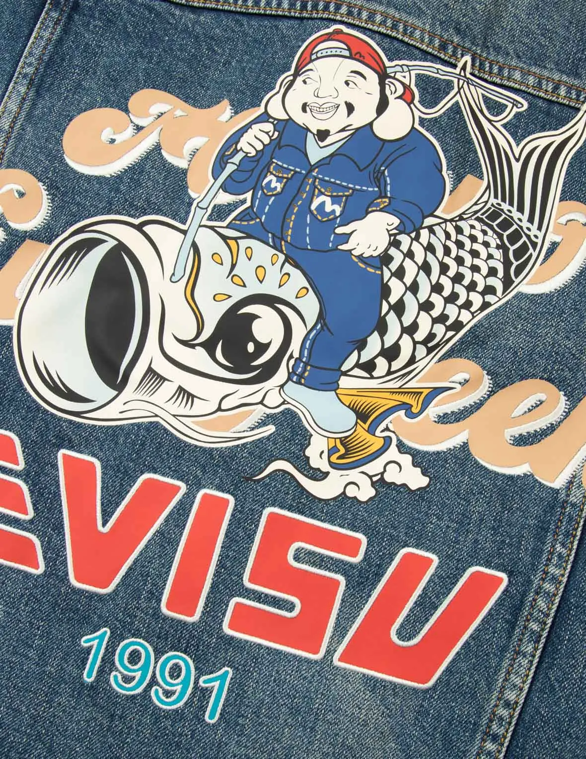 Seagull Embroidery Godhead Print Relax Fit Denim Jacket