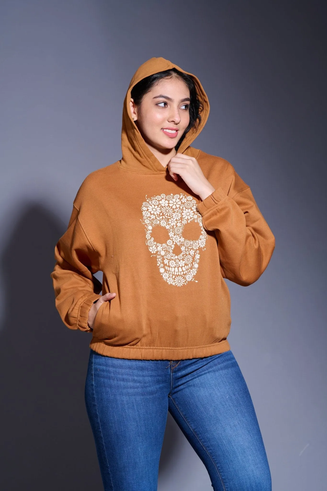 Skull Printed Camel Hoodie for Women