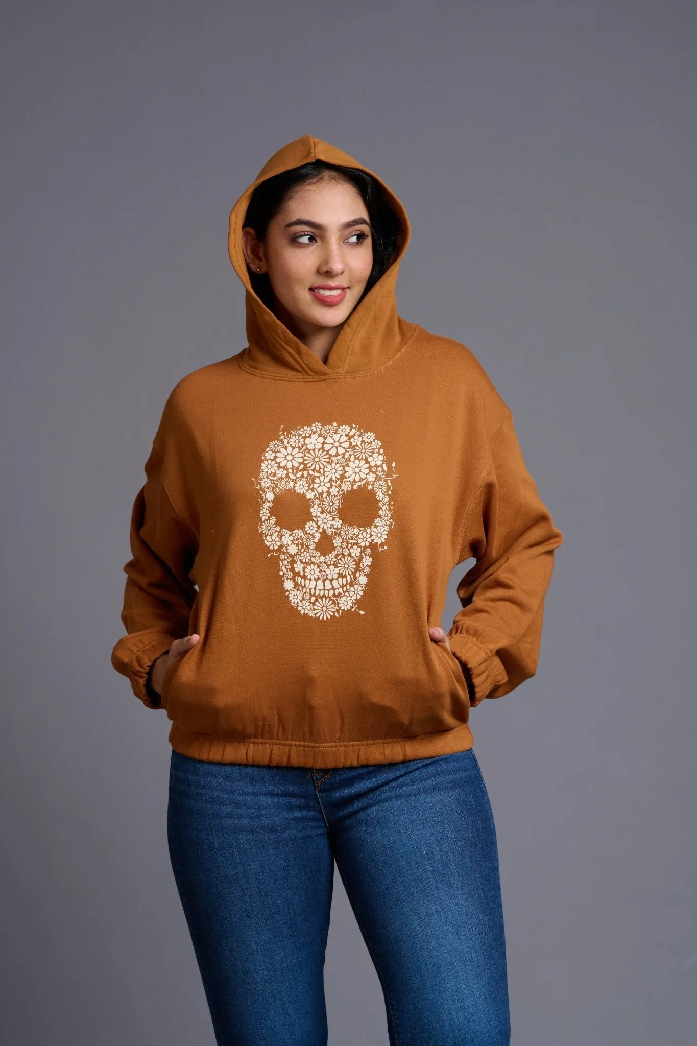 Skull Printed Camel Hoodie for Women