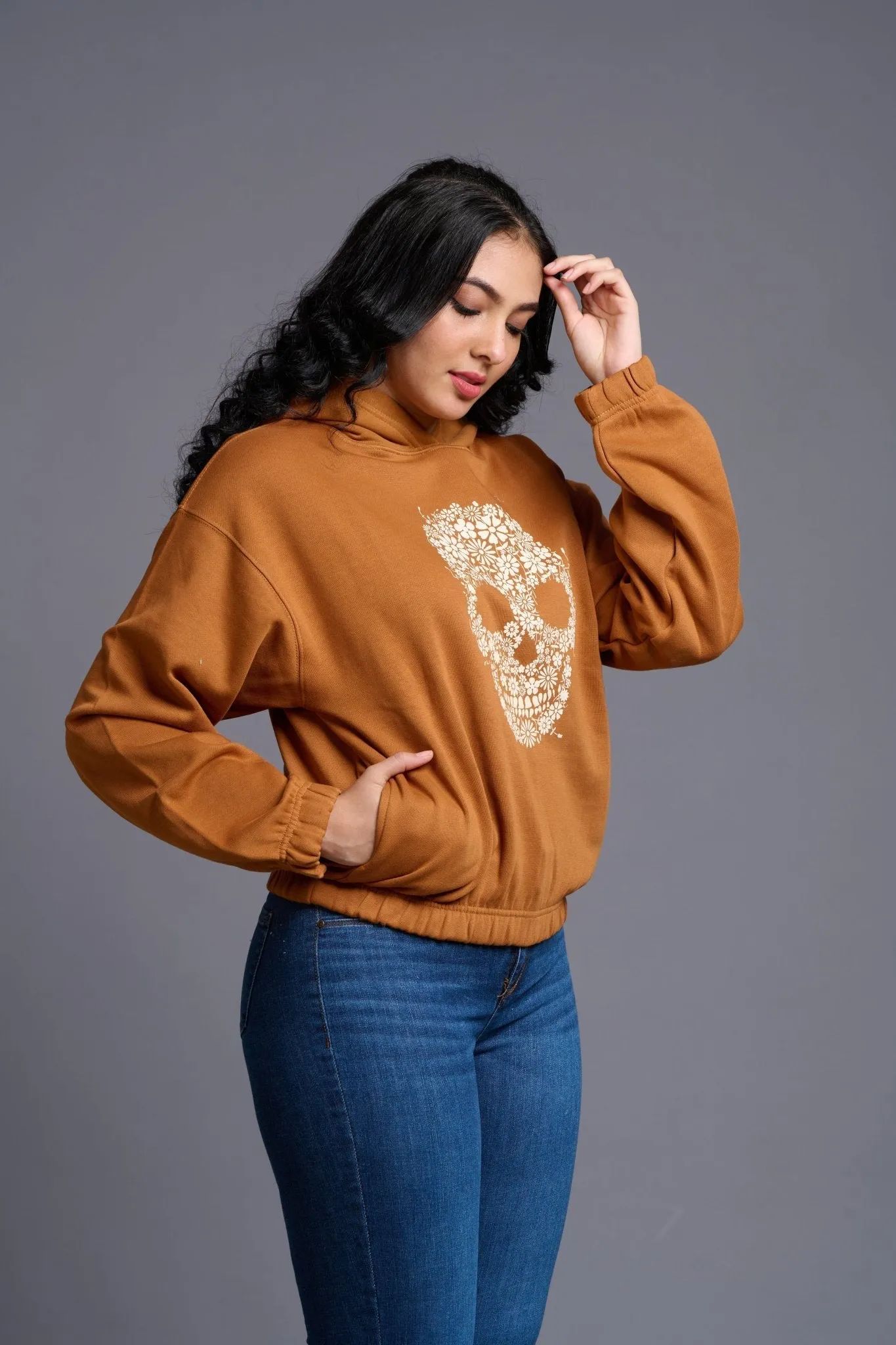 Skull Printed Camel Hoodie for Women