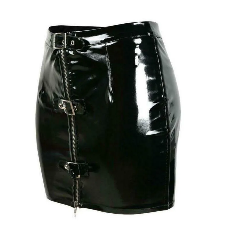 Slim Wet Look PVC Leather High Waist Front Buckle Short Bodycon Mini Skirt