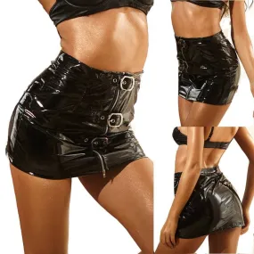 Slim Wet Look PVC Leather High Waist Front Buckle Short Bodycon Mini Skirt