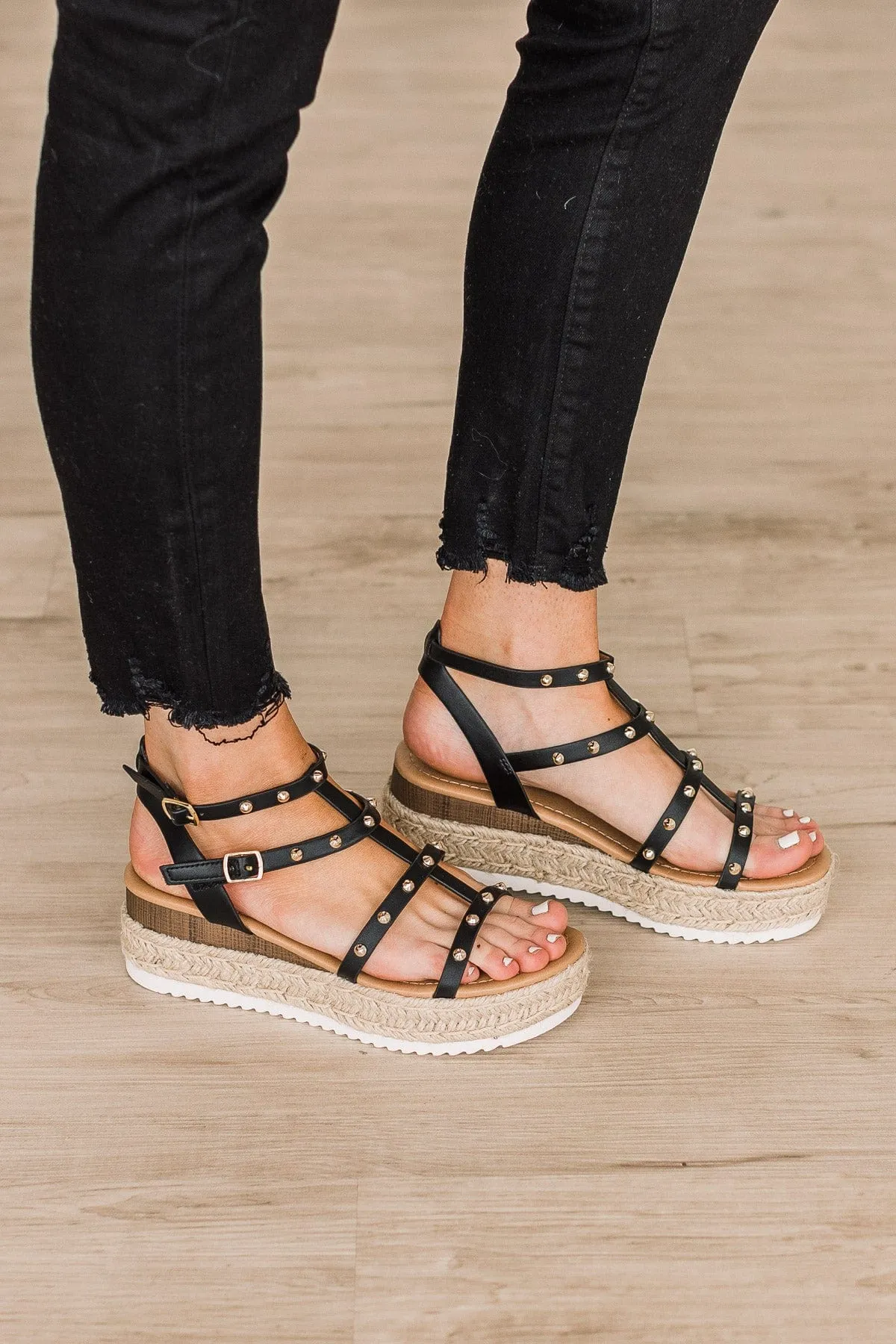 Soda Somehow Platform Wedge Sandals- Black