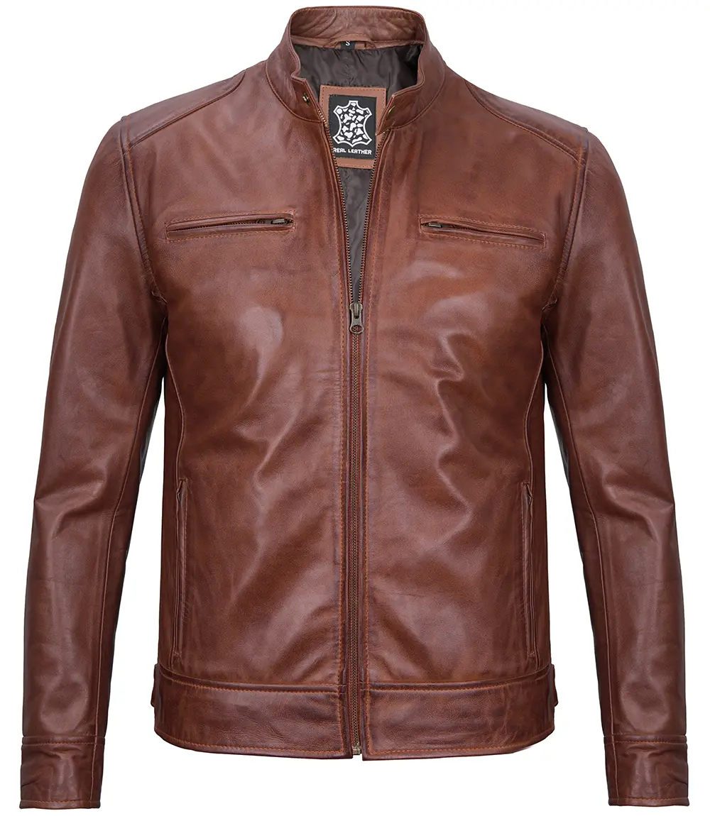 Tall Men's Cognac Cafe Racer Leather Jacket