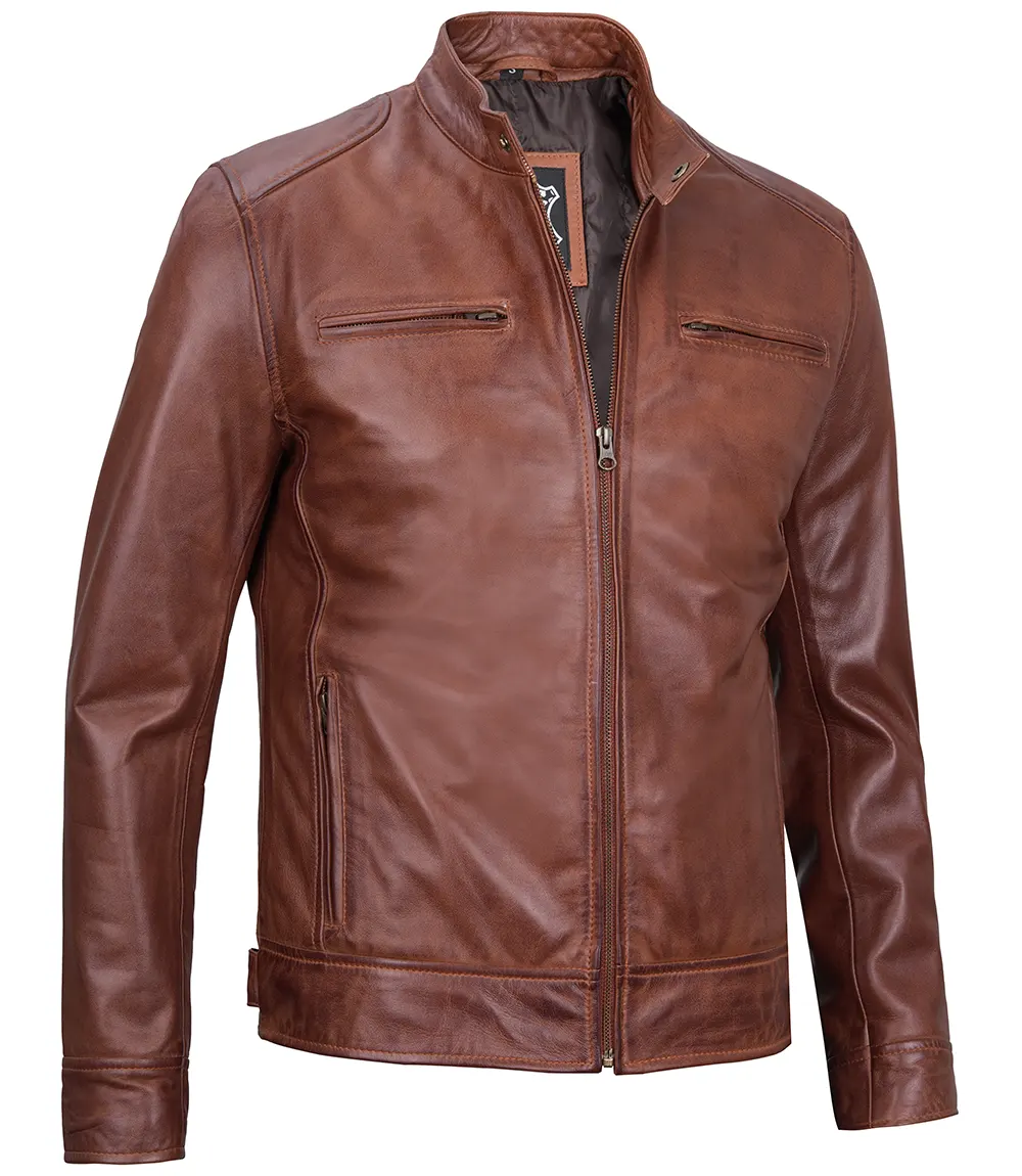 Tall Men's Cognac Cafe Racer Leather Jacket