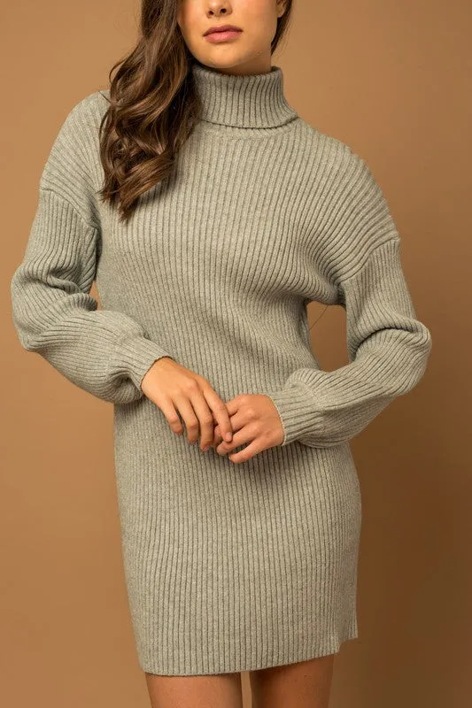 Turtle Neck Balloon Sleeve Sweater Dress